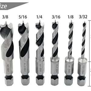 Saipe 6pcs 1/4" Quick Change Hex Shank Wood Brad Point Stubby Short Drill Bit Set HSS 4241 Woodworking Drill for Right Angle Drill and Used in Tight Spaces