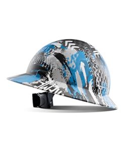 lanon full brim hard hat, osha construction work approved, blue pattern design, frp safety helmet with 4 point adjustable ratchet suspension, class c