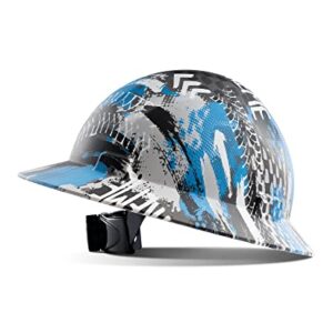 LANON Full Brim Hard Hat, OSHA Construction Work Approved, Blue Pattern Design, FRP Safety Helmet with 4 Point Adjustable Ratchet Suspension, Class C