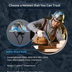 LANON Full Brim Hard Hat, OSHA Construction Work Approved, Blue Pattern Design, FRP Safety Helmet with 4 Point Adjustable Ratchet Suspension, Class C