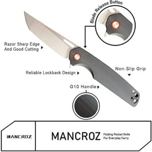 MANCROZ MC145 Folding Pocket Knife,D2 Blade G10 Handle with Clip EDC Knife,Ball Bearings Pivot, Camping Hunting Fishing Flipper Opening Knife