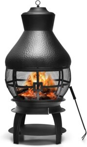 s afstar outdoor cast iron chimenea, fireplace wooden chiminea fire pit w/fire poker, 360°fire retardant mesh cover, patio wood burning chiminea