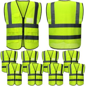10 pack reflective safety vests with pockets and zipper, high visibility mesh construction vest for men women, breathable neon working vest for outdoor running cycling walking at night one size