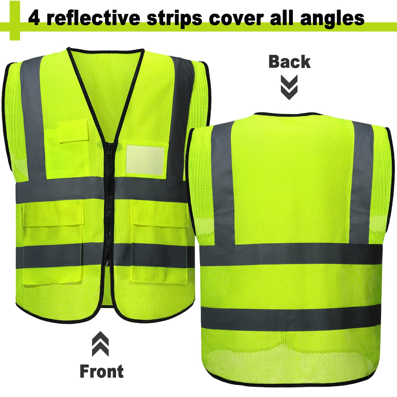 10 Pack Reflective Safety Vests with Pockets and Zipper, High Visibility Mesh Construction Vest for Men Women, Breathable Neon Working Vest for Outdoor Running Cycling Walking at Night One Size