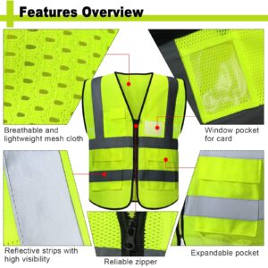10 Pack Reflective Safety Vests with Pockets and Zipper, High Visibility Mesh Construction Vest for Men Women, Breathable Neon Working Vest for Outdoor Running Cycling Walking at Night One Size