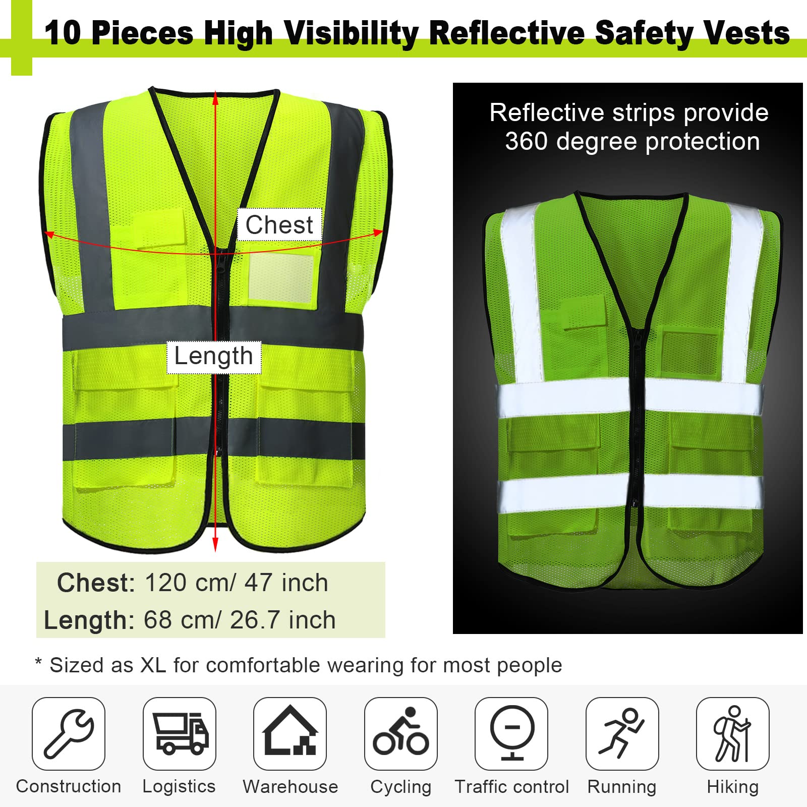 10 Pack Reflective Safety Vests with Pockets and Zipper, High Visibility Mesh Construction Vest for Men Women, Breathable Neon Working Vest for Outdoor Running Cycling Walking at Night One Size