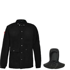black leather welding jacket with hood, heavy duty fr split cowhide leahter work safety jackets, welder jackets for men & women(large)