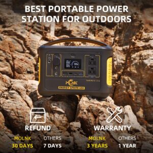 MOLNK Portable Power Station 600W, ENERGY SPRITE 600, 540Wh Mobile Lithium Battery Pack with 2 x 600W AC Outlets & 3 x DC Outputs & 1 x USB-C PD 65W &1 x USB FAST Charge & LED Flashlight, Solar Generator for outdoor camping, RV, Emergency