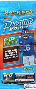 2021 panini prestige nfl football exclusive huge factory sealed jumbo fat cello pack with 30 cards! look rookies & autos of mac jones, trevor lawrence, justin fields, trey lance & many more! wowzzer!