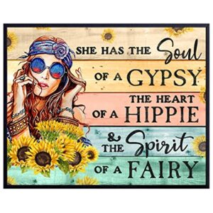 Hippie Inspirational Positive Quotes Wall Decor - Boho Encouragement Gifts for Women - Motivational Wall Art Poster - Bohemian Rustic Country Sunflower Decoration - Girls Teens Bedroom Home Office