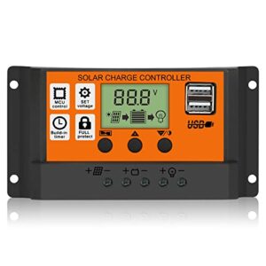 eeekit 100a solar charge controller, dual usb port solar panel battery intelligent regulator, multi-function adjustable lcd display with timer setting on/off hours, 12v24v 100a (100a yellow)
