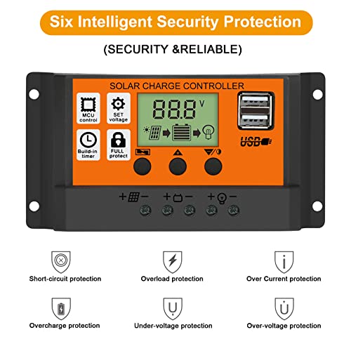 EEEkit 100A Solar Charge Controller, Dual USB Port Solar Panel Battery Intelligent Regulator, Multi-Function Adjustable LCD Display with Timer Setting On/Off Hours, 12V24V 100A (100A Yellow)