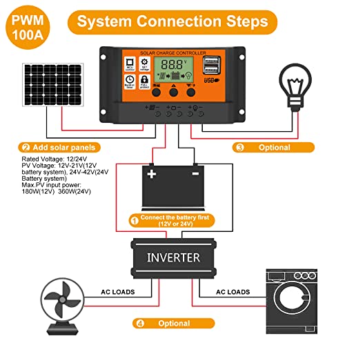 EEEkit 100A Solar Charge Controller, Dual USB Port Solar Panel Battery Intelligent Regulator, Multi-Function Adjustable LCD Display with Timer Setting On/Off Hours, 12V24V 100A (100A Yellow)
