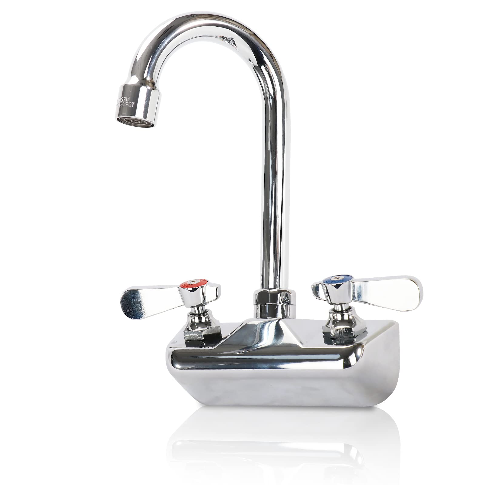 4 Inch Center Commercial Sink Faucet Wall Mount Kitchen Hand Sink Faucet, 1/2" NPT Male Inlet, Brass Constructed & Chrome Polished, with 3-1/2" Gooseneck Spout & Dual Lever Handles