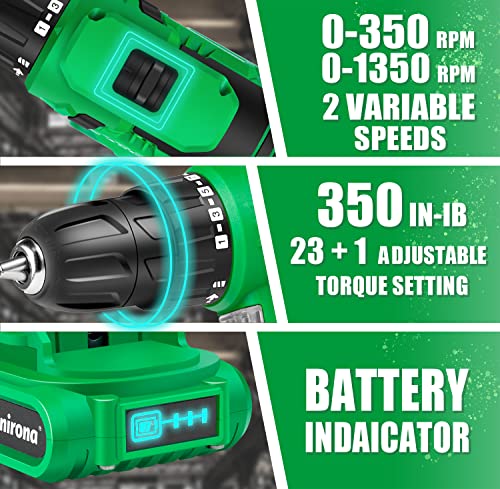 Anirona 20V Cordless Drill Set, 350 In-lb Power Drill Kit with Battery and Charger, 3/8″Keyless Chuck, 2 Variable Speed, 23+1 Position, 30pcs Bits Accessories with Storage Case