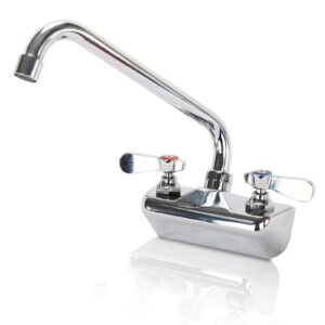 4 inch center commercial sink faucet wall mount kitchen hand sink faucet, 1/2" npt male inlet, brass constructed & chrome polished, with 10" swivel spout & dual lever handles