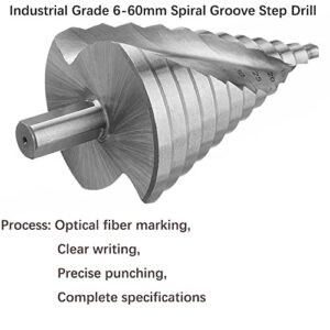 PERFACTOOL Spiral Grooved 12 Step Drill Bit for Metal, 6-60mm 2-Flute Cone Drill Bit, Round Shank Step Bit for Metal, Steel, Wood, Plastic (1 Piece)