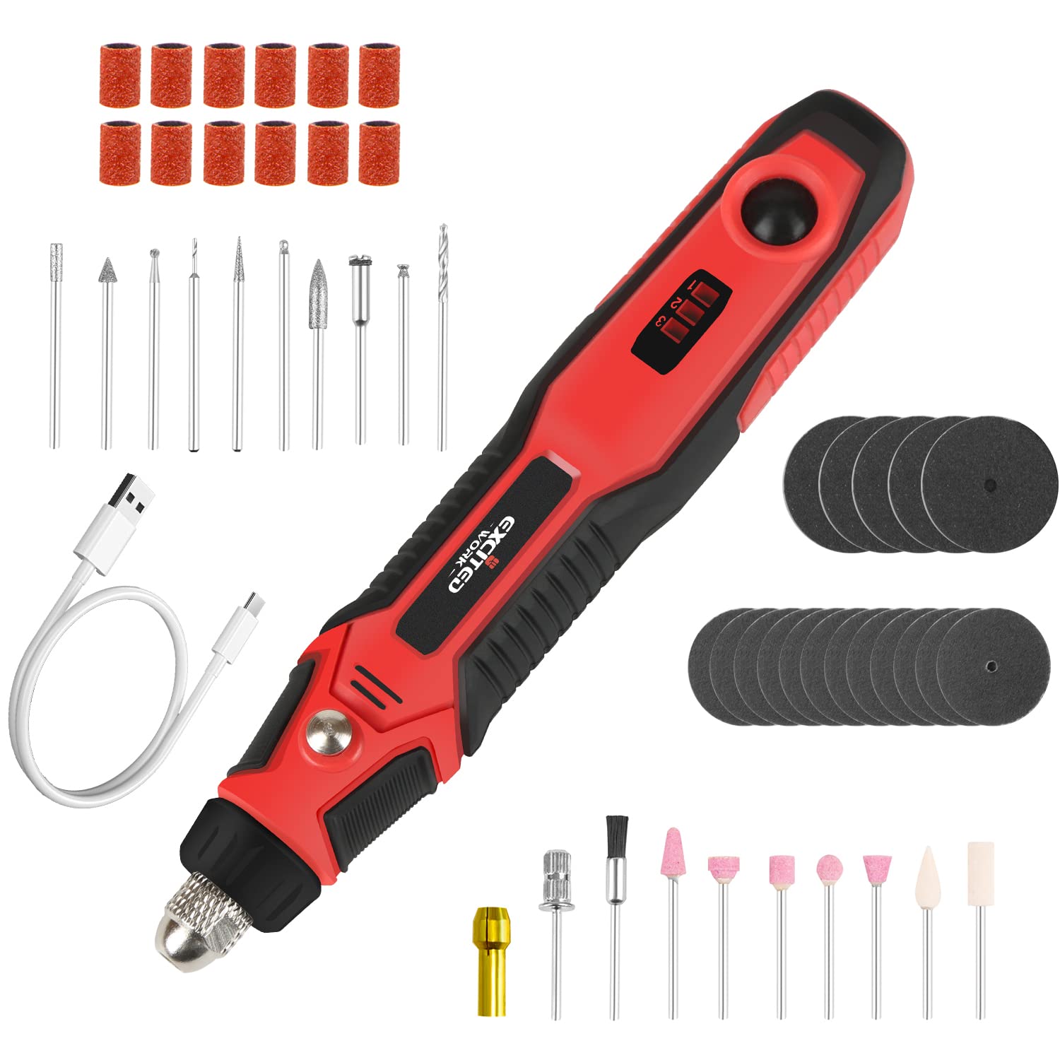 Power Cordless Rotary Tools Kits,3.7V Mini Grinder Front LED Work Light, USB Charging Cable,Ergonomic Design,Easy to Carry—by Excited Work