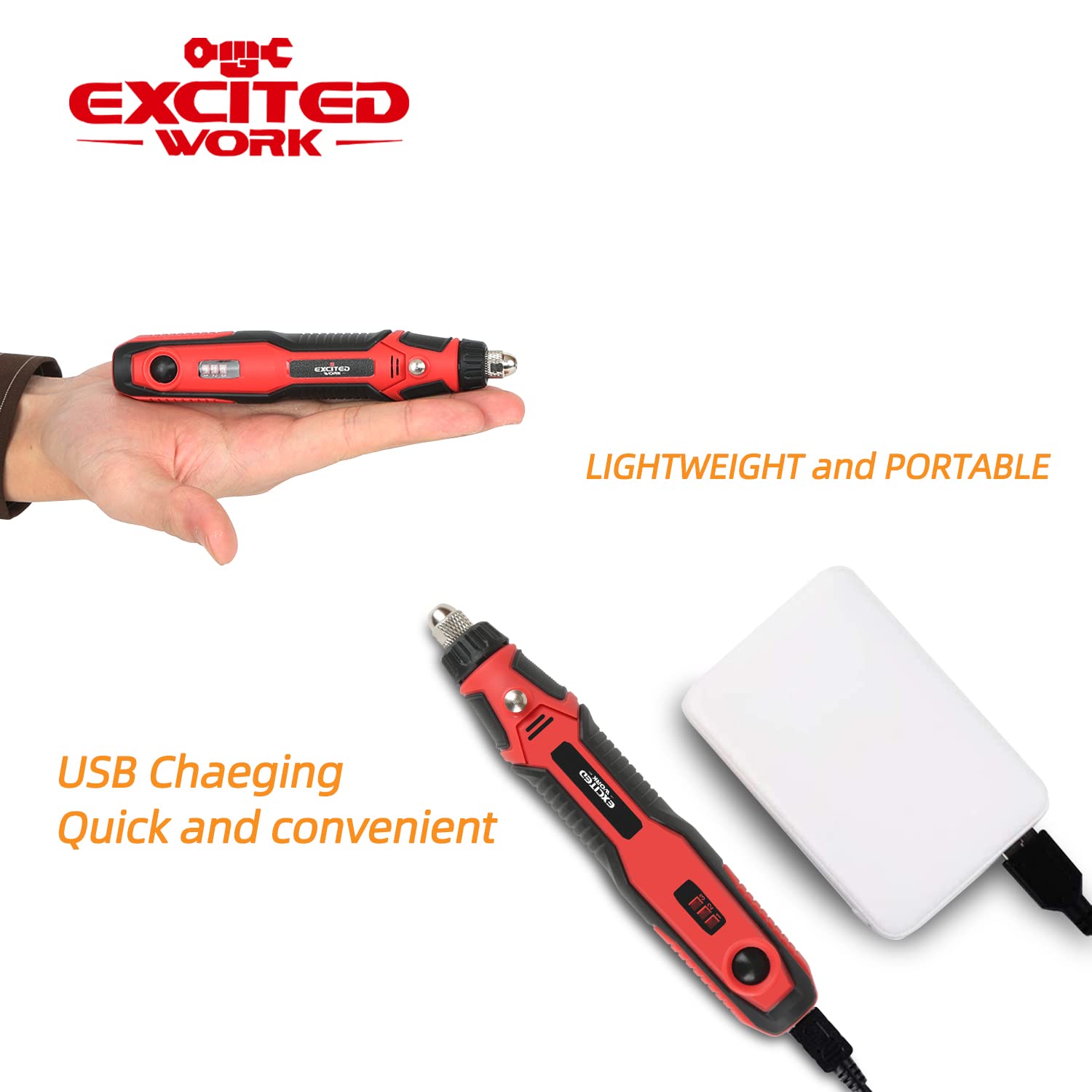 Power Cordless Rotary Tools Kits,3.7V Mini Grinder Front LED Work Light, USB Charging Cable,Ergonomic Design,Easy to Carry—by Excited Work