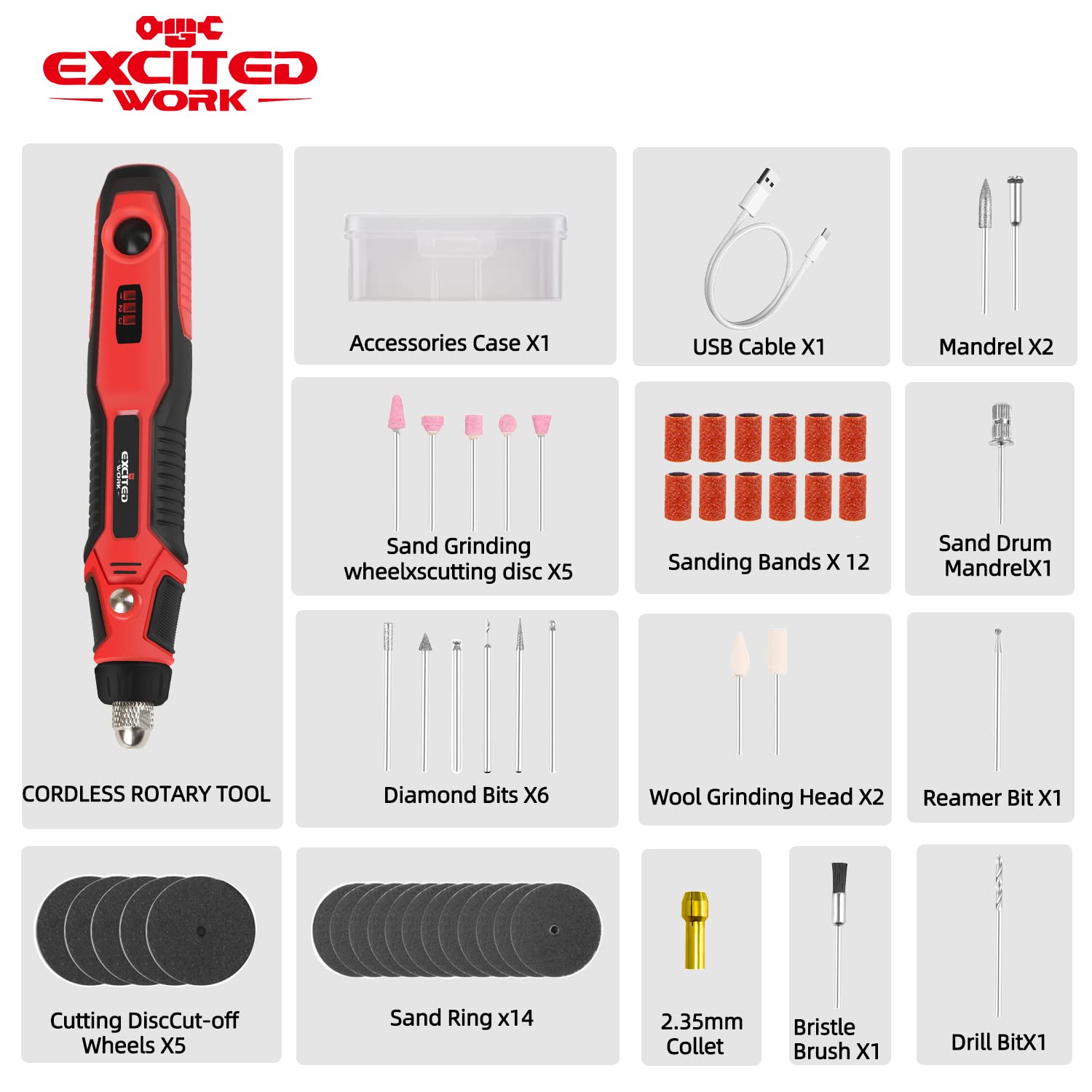 Power Cordless Rotary Tools Kits,3.7V Mini Grinder Front LED Work Light, USB Charging Cable,Ergonomic Design,Easy to Carry—by Excited Work