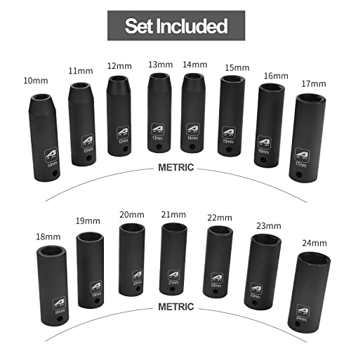 AAIN 15-Piece 1/2 Inch Drive Metric Deep Impact Socket Set，6-Point,10mm to 24mm 1/2 Socket Set, A029