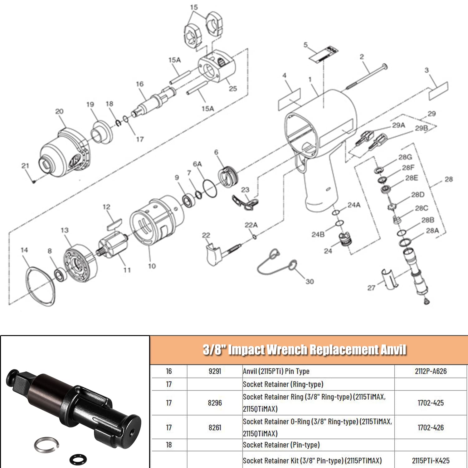 3/8" Impact Wrench Replacement Anvil with O Ring and Retainer Clip Fit for Ingersoll Rand IR2112 & IR2115 Replaces Part # 2115-A626 IRT2115-A626