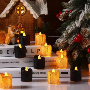 24 Pack Gold Glitter LED Tealights with Dripping Wax Design Black Flameless Candles Battery Operated Votive Tea lights of Warm Yellow Light Decor for Christmas Wedding Centerpieces Table Anniversary