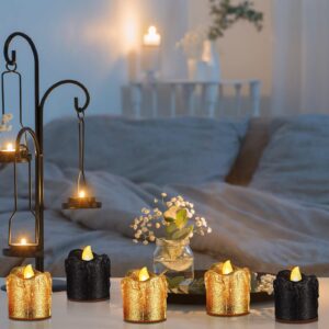 24 Pack Gold Glitter LED Tealights with Dripping Wax Design Black Flameless Candles Battery Operated Votive Tea lights of Warm Yellow Light Decor for Christmas Wedding Centerpieces Table Anniversary