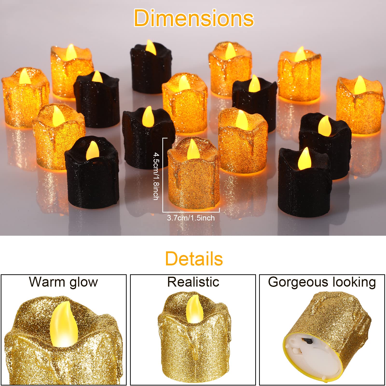 24 Pack Gold Glitter LED Tealights with Dripping Wax Design Black Flameless Candles Battery Operated Votive Tea lights of Warm Yellow Light Decor for Christmas Wedding Centerpieces Table Anniversary