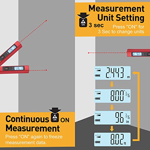 PREXISO 65Ft Digital Laser Measure, Pocket Mini Laser Measurement Tool, Ft/Ft+in/in/M Unit, Red Laser Distance Meter Pen Backlit Display for Home, Construction, Industries with AAA Batteries (Red)