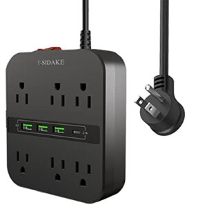 t-sidake power strip, with 6 ac widely spaced power outlets and 4 usb ports, 6 ft extension cord flat plug, with overload protection, compact and easy to carry for home/travel/office (black)