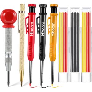 hiboom 8 pack mechanical carpenter pencils set with center punch, carbide scribe tool, solid pencil marker tool with built-in sharpener, 21 refills red yellow gray, great for woodworking architect