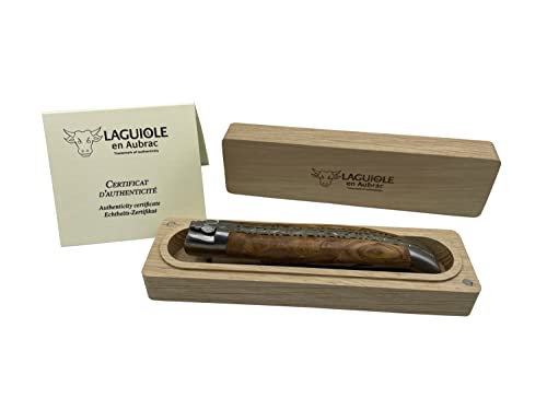 Laguiole en Aubrac Handmade Luxury Double Brass & Stainless Steel Plated Folding Knife, 4.8-in (12cm), Olivewood Handle, Hand Forged Special Crafting Bee, Stainless Steel Brushed Bolsters