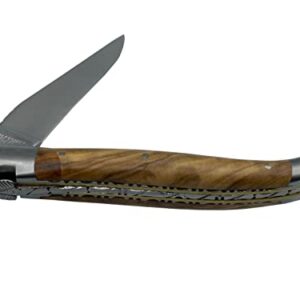 Laguiole en Aubrac Handmade Luxury Double Brass & Stainless Steel Plated Folding Knife, 4.8-in (12cm), Olivewood Handle, Hand Forged Special Crafting Bee, Stainless Steel Brushed Bolsters