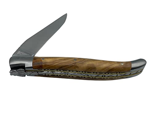 Laguiole en Aubrac Handmade Luxury Double Brass & Stainless Steel Plated Folding Knife, 4.8-in (12cm), Olivewood Handle, Hand Forged Special Crafting Bee, Stainless Steel Brushed Bolsters