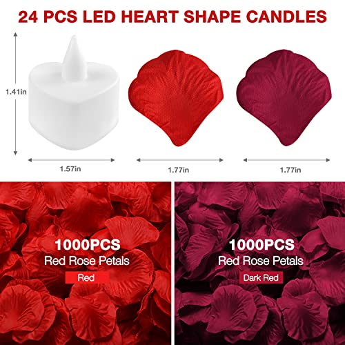 hatisan 2000 Pcs Artificial Rose Petal with 24 Pcs Romantic LED Candle Flameless Rose Petals for Romantic Night for Him Set, Romantic Candles Valentine's Day Anniversary Wedding Honeymoon (Heart)