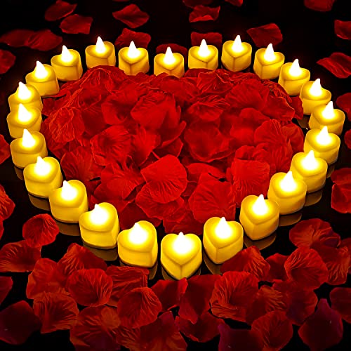 hatisan 2000 Pcs Artificial Rose Petal with 24 Pcs Romantic LED Candle Flameless Rose Petals for Romantic Night for Him Set, Romantic Candles Valentine's Day Anniversary Wedding Honeymoon (Heart)