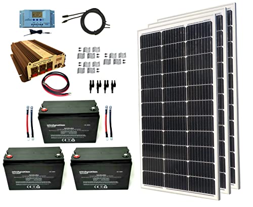 WindyNation 300 Watt Monocrystalline Solar Panel Kit + 1500W VertaMax Power Inverter + 300ah AGM Deep Cycle Battery for RV, Boat, Off-Grid 12 Volt Battery Systems