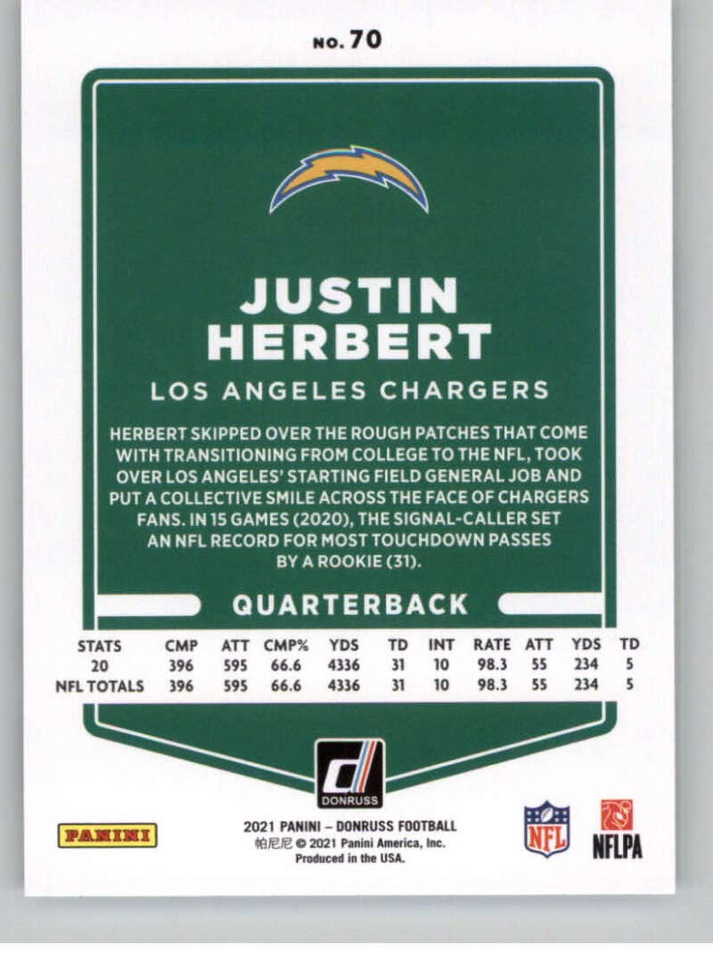 2021 Donruss #70 Justin Herbert Los Angeles Chargers NFL Football Card NM-MT