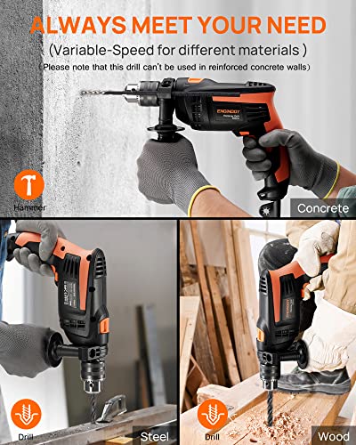 ENGiNDOT Hammer Drill, 1/2-Inch 6-AMP Corded Electric Hammer Drill with 2800RPM, Variable Speed, Drill Chuck, 10 Drill Bits for Home Improvement, Concrete, Steel, Wood (NOT for Reinforced Concrete)