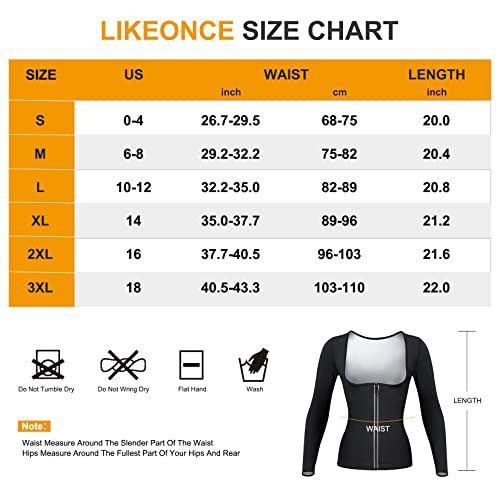 Likeonce Sauna Suit for Women Body Shaper Heat Trapping Sauna Suits Long Sleeve Weight Loss Workout Shirt with Zipper (Black, 3X-Large)