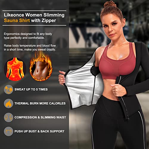 Likeonce Sauna Suit for Women Body Shaper Heat Trapping Sauna Suits Long Sleeve Weight Loss Workout Shirt with Zipper (Black, 3X-Large)