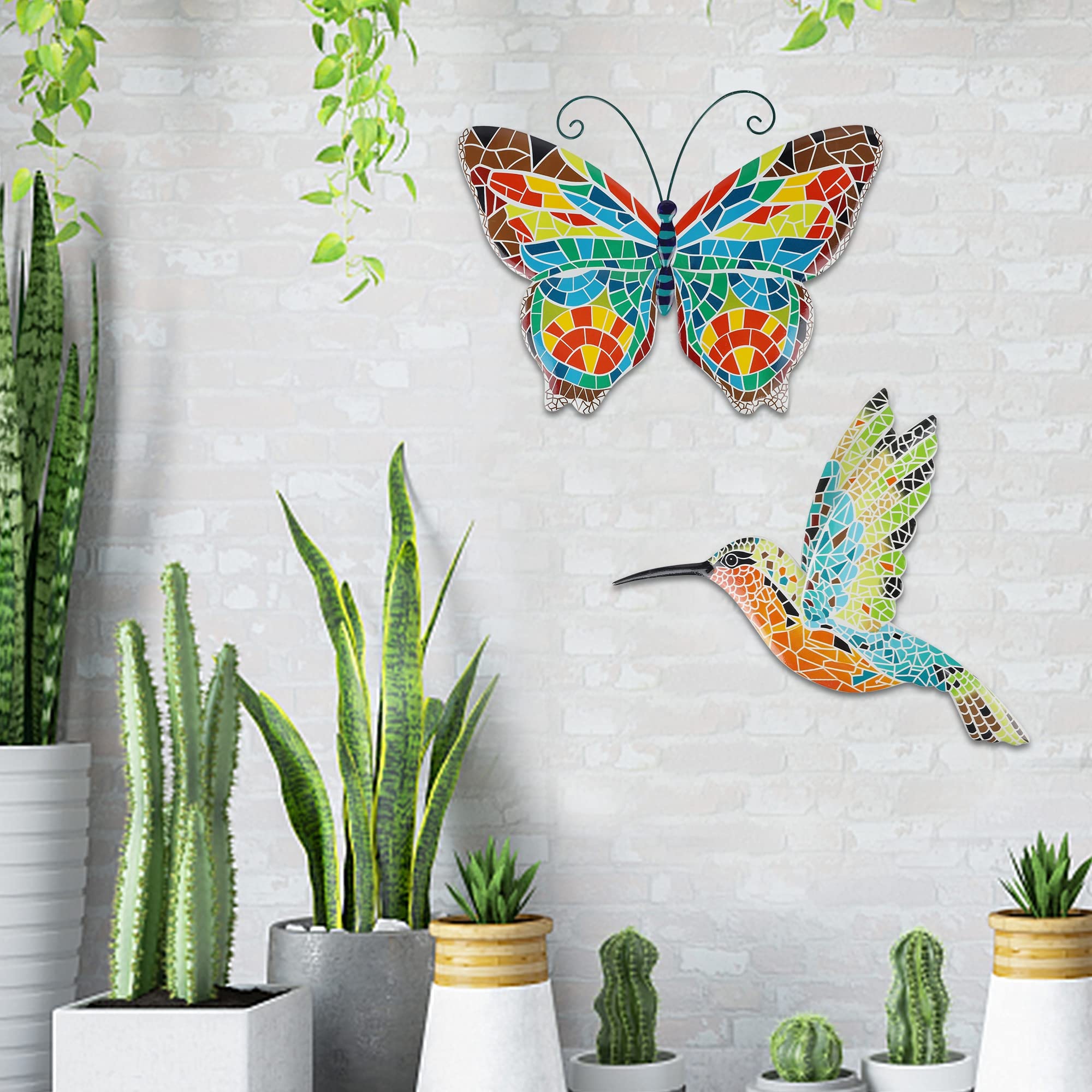 Adroiteet 16 Inch Large Wall Decor, Set of 2 Butterfly Hummingbird Metal Wall Art, Bird Wall Sculpture Hanging Decorations, Perfect for Garden Yard Fence Home Kitchen Bedroom Outdoor Indoor