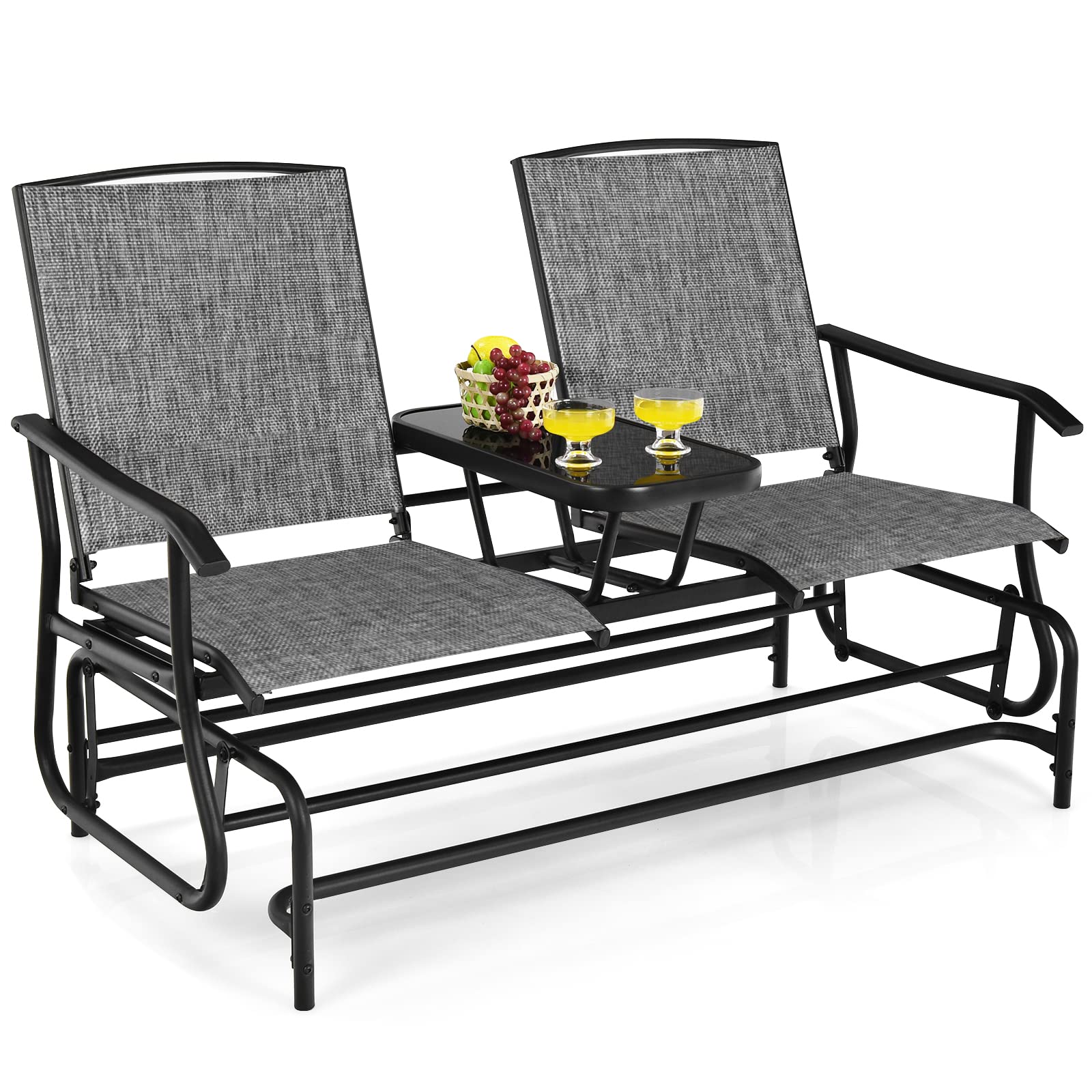 Tangkula 2 Person Swing Glider Chair, Patio Rocking Loveseat w/Center Tempered Glass Table, Outdoor Swing Bench w/Steel Frame & Breathable Mesh Fabric for Porch, Balcony, Poolside  (Grey)