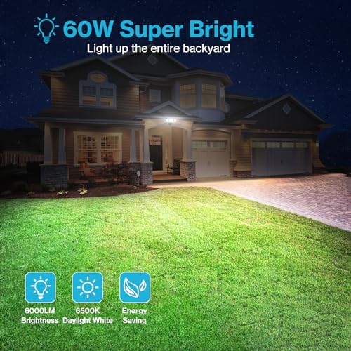 Olafus 60W Flood Lights Outdoor 2 Pack, Switch Controlled LED Security Lights 6000LM, 6500K Outside Floodlight, IP65 Waterproof Exterior Light Fixture for House, Yard, Garage, Wall/Eave Mount Black