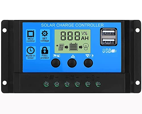 Jtron Solar Charge Controller, Charge Controllers for Solar Panel Battery Intelligent Regulator with Dual USB Port 12V/24V Auto Paremeter Multi-Function Adjustable LCD Display (YJSS-10A)