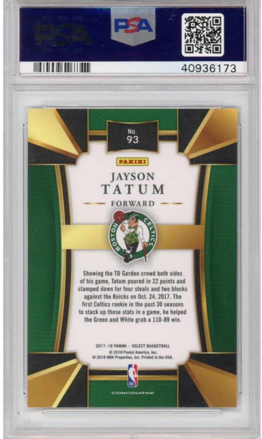 Graded 2017-18 Panini Select Jayson Tatum #93 Rookie RC Basketball Card PSA 10 Gem Mint