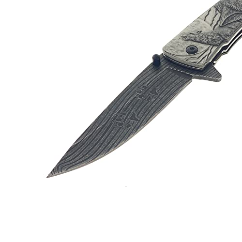 Falcon 8" Fantasy Wolf Embossed Stainless Steel Drop Point Spring Assisted Folding Pocket Knife EDC Pocket Knife In Multiple Colors For Gifts