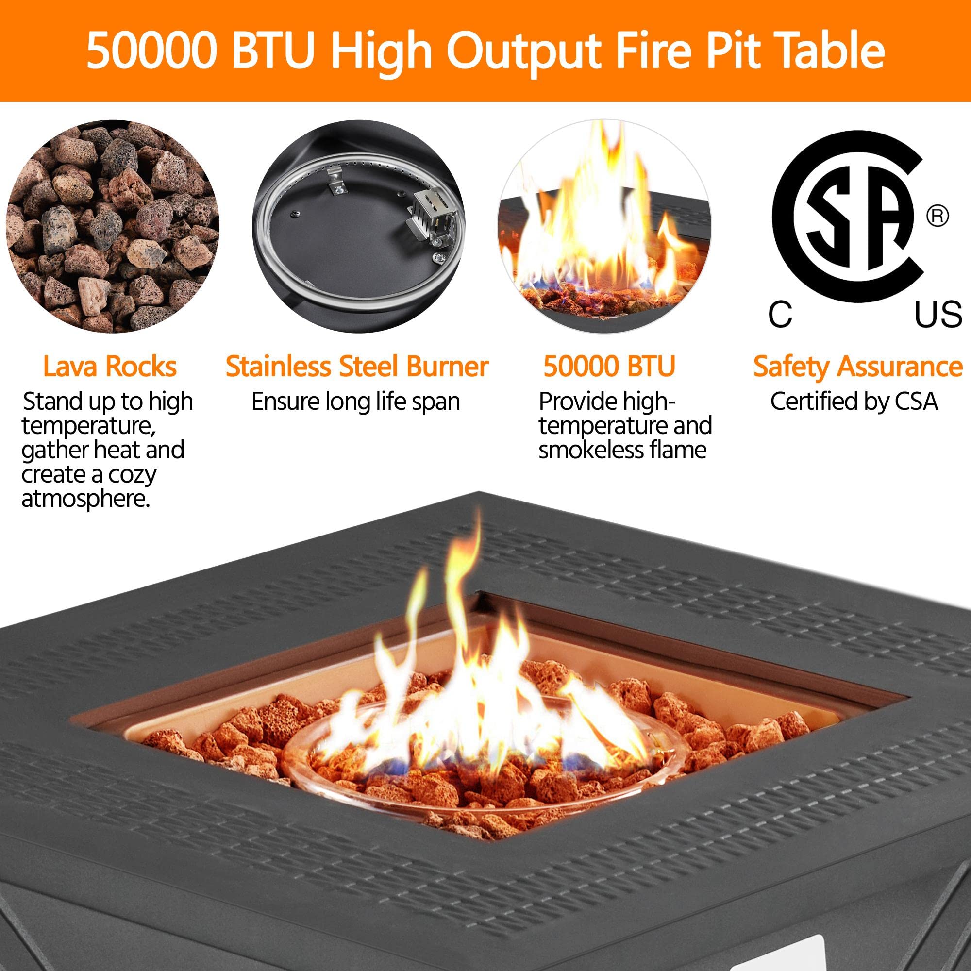 Yaheetech Propane Gas Fire Pit 28 Inch 50,000 BTU Square Gas Firepits with Iron Tabletop for Patio/Garden/Party, 2 in 1 Fire Pit with Lava Rocks for Heating/Bonfire Atmosphere, CSA Certification