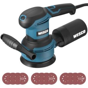 power random orbital sander, wesco 3.2a orbital sander with dust bag 12 pcs grit velcro sanding papers, six variable speed control, 12000 rpm with auxiliary handle